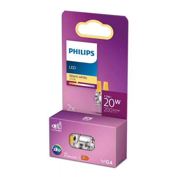 Philips - LED-lyspære - form: kapsel - klar finish - G4 - 1.7 W (ekvivalent 20 W) - klasse F - varmt hvitt lys - 2700 K (en pakke 2)