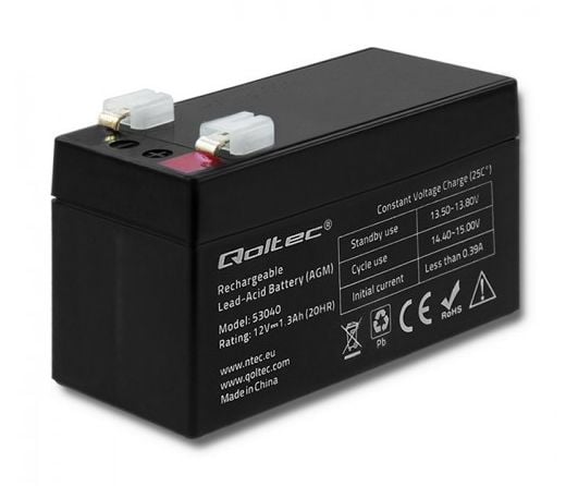 Qoltec 53040, akkuparisto (VRLA), 12 V, Sort, 1,3 At, 10 År, 19,5 A