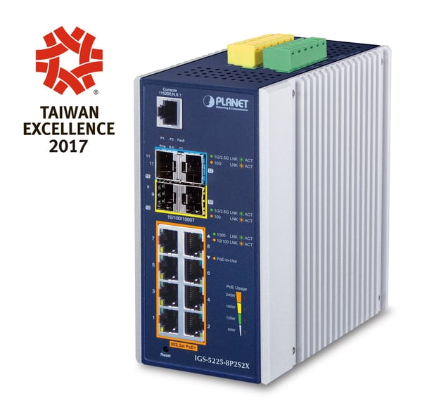 PLANET IGS-5225-8P2S2X nettverksswitch 8-port PoE+ 2x 10G SFP+, industriell