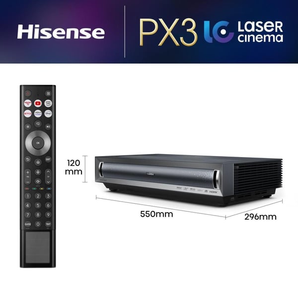 Hisense PX3 -laserprojektori, 4K, 2800 ANSI-lumenia, 80–150 tuumaa, erittäin lyhyt heittoväli