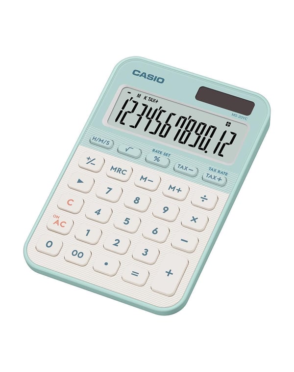 Casio MS-20YC, Skrivbord, Grundläggande, 12 siffror, Batteri/solcell, Ljusgrön