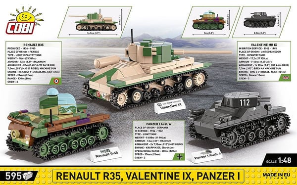 COBI Renault R35 - Valentine IX - Panzer I, Rakennuspakkaus, 8 vuosi/vuosia, 595 kpl