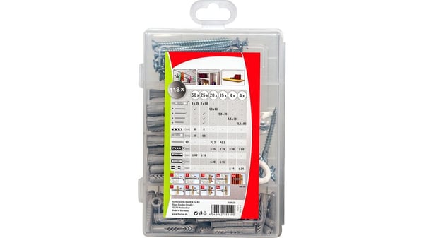 Fischer 518526, Skrue- og veggpluggsett, Lettbetong, Murstein, Betong, Gipsblokk, Gipsfiberplate, Gipsplater, Nylon, 77 stykker, Boks, 50 Universal...