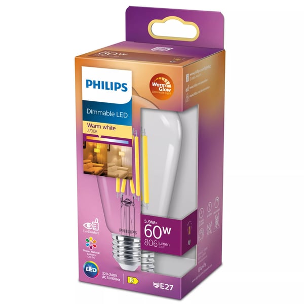 Philips - LED-filamentlyspære - form: ST64 - klar finish - E27 - 5.9 W (ekvivalent 60 W) - klasse D - varmt hvitt lys - 2200-2700 K