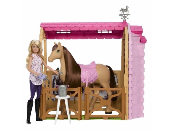 Barbie HXJ44 Great Chase Dream Stable -leikkisetti, nukke ja hevonen, 25+ osaa