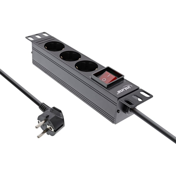 InLine 16420K, 3 AC-utganger, Type F, Svart, Aluminium, Plast, 1U, 2 m