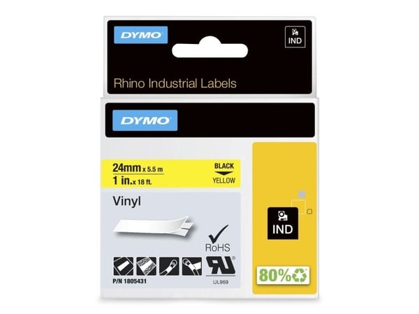 DYMO Rhino Coloured Vinyl - Vinyl - svart på gult - Rulle (2,54 cm x 5,5 m) 1 kassett(er) tejp - för Rhino 6000, 6000 Hard Case Kit