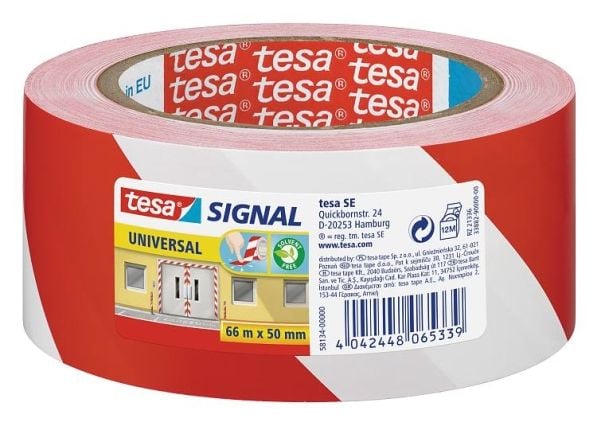Advarselstape tesa, 50 mm x 66 m, röd/hvid