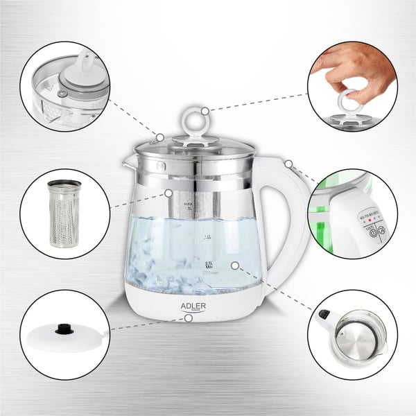 Adler AD 1299, 1,5 L, 1850 W, Hvit, Glass, Justerbar termostat, Vannmåler