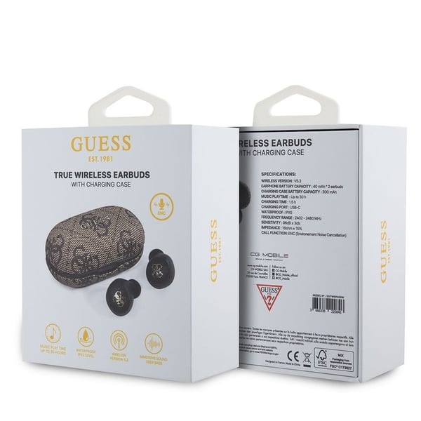 TWS Guess 4G Metalliset Bluetooth-kuulokkeet ENC-telakointiasemalla - ruskea