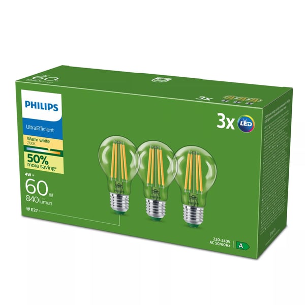 Philips - LED - form: A60 - klar finish - E27 - 4 W (motsvarande 60 W) - varmt vitt ljus - 2700 K - klar (paket om 3)