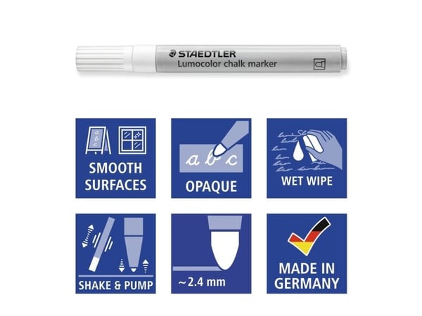 STAEDTLER Lumocolor liitumerkki, valkoinen, läpipainopakkaus, viivan leveys: n. 2,4 mm, pyöreä kärki, vähähajuinen neste - 1 kpl (344-0 BK)