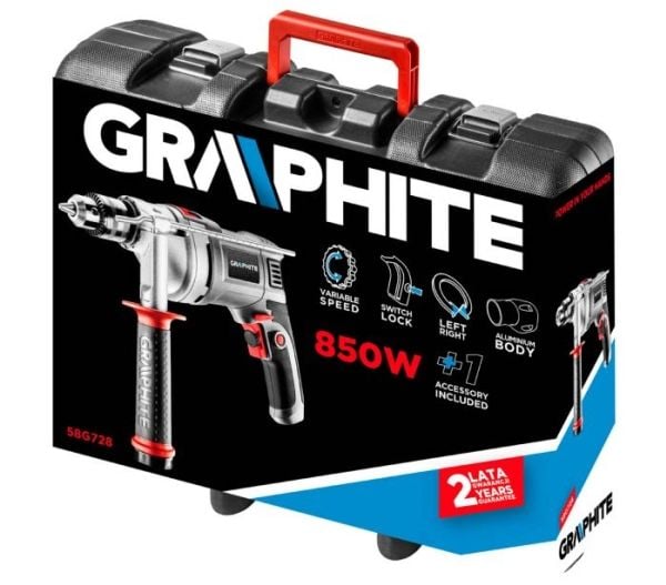 Graphite 58G728, pistoolikahvallinen porakone, jakoavain, 1,3 cm, 3000 rpm, 48000 bpm tai iskua minuutissa, AC