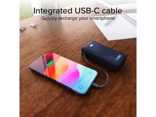 SBS Powerbank 10 000 mAh med innebygd USB-C-kabel, blå