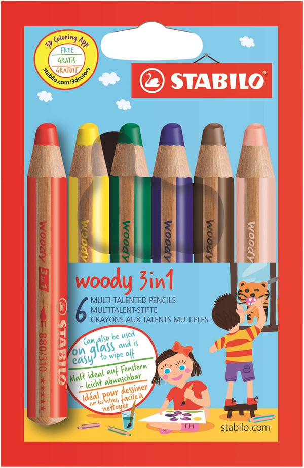 Stabilo Woody fargeblyanter 3-i-1 - med 6 stk. assorterte farger i etui