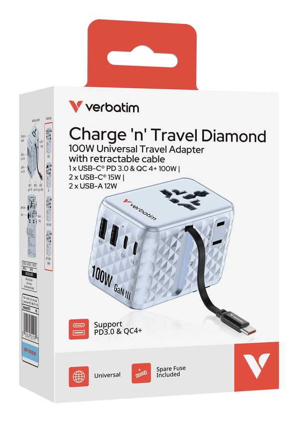 Verbatim 30192 reiseadapter 100 W GaN III, 5 USB-porter, blå