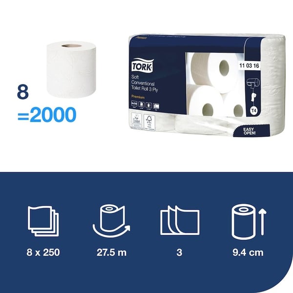 Toiletpapir Tork Premium T4 Ekstra soft 3-lag 29.5 m hvid - (9 pakker x 8 ruller)