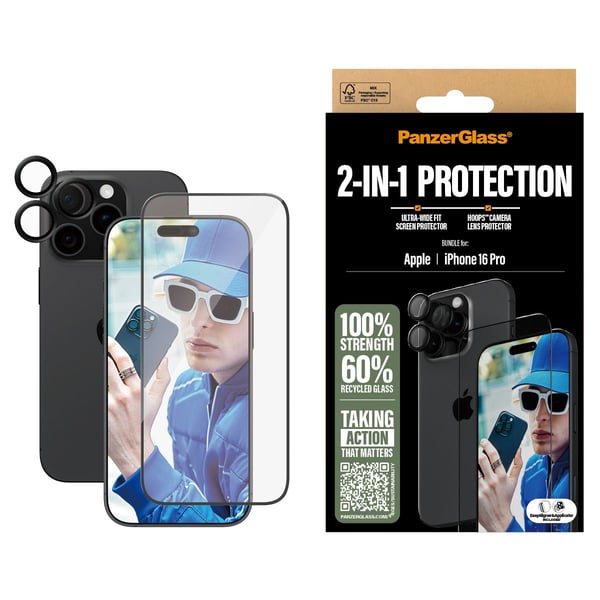PanzerGlass - 2-i-1 Skydd - skyddsset för skärm / linse för mobiltelefon - glas - ramfärg svart - för Apple iPhone 16 Pro