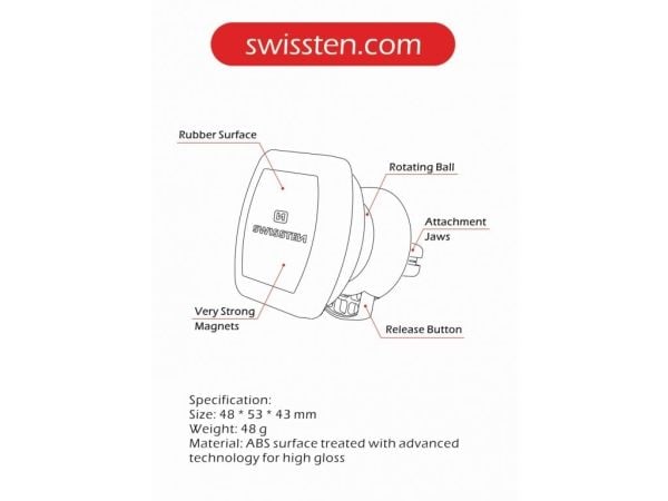 Swissten 65010307, Mobiltelefon / smartphone, Passiv hållare, Bil, Svart