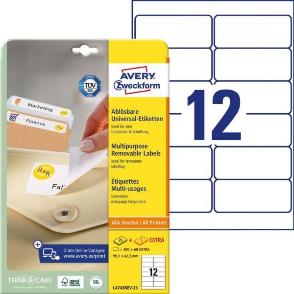 Avery - Fjernbart adhesiv - hvit - 99.1 x 42.3 mm 300 etikett(er) (25 ark x 12) merkelapper