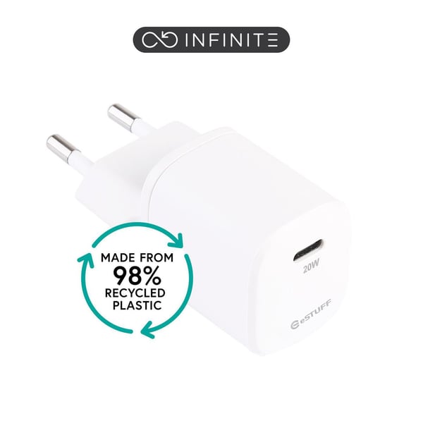 eSTUFF INFINITE - Strømadapter - 100% recycled plastic - 20 watt - 3 A - Apple Fast Charge, PD 3.0, QC 3.0 (24 pin USB-C) - hvit