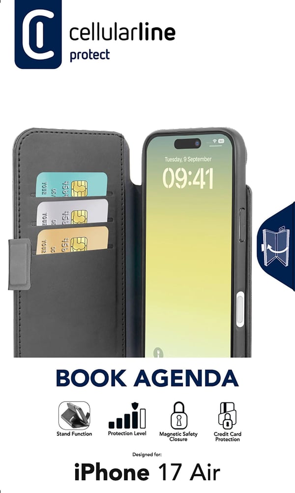 Cellularline Book Agenda, Folio, Apple, iPhone 17 Air, 16,5 cm (6.5"), Svart