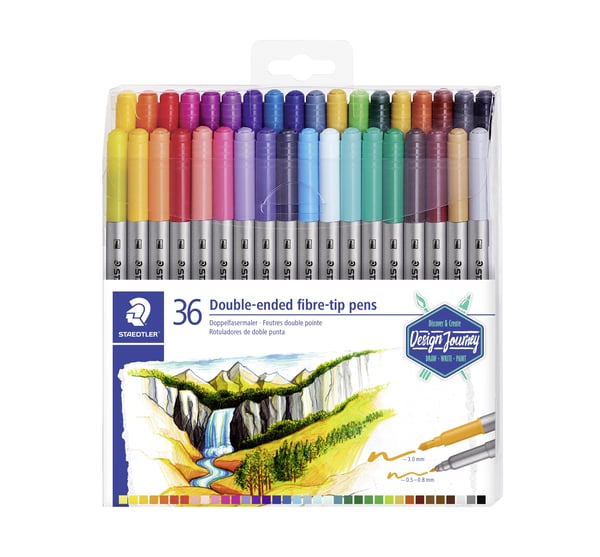 Fiberpenn STAEDTLER® 3200 duo, dobbel spiss - med 36 stk. assorterte farger