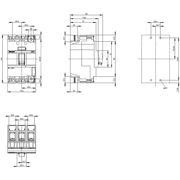 Siemens 3VA1110-3ED36-0AA0 effektbryter, 1 stk., innstillingsområde (strøm): 100–100 A, koblingsspenning (maks.): 690 V/AC, mål (B x H x D): 76,2 x...