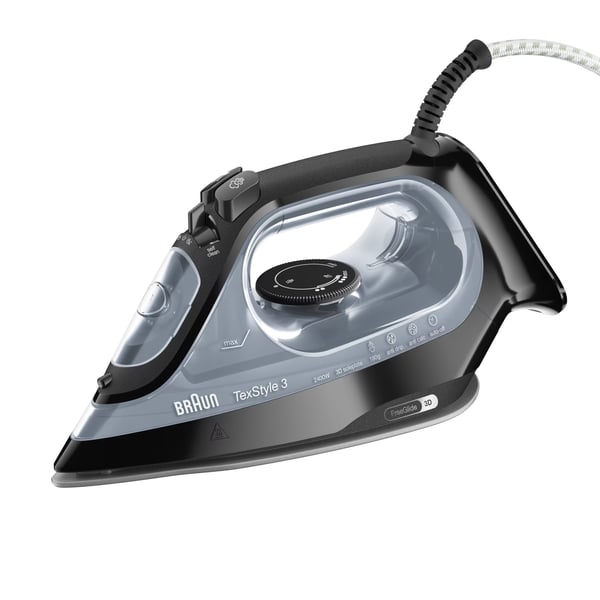 Braun TexStyle 3 SI3055BK, Höyrysilitysrauta, Keraaminen pohjalevy, 2 m, 180 g/min, Musta, 45 g/min