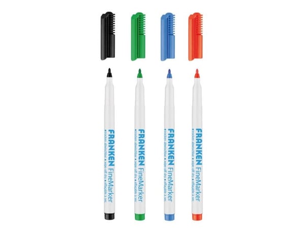 Franken FineMarker, 4 styck, Svart, Blå, Grön, Röd, Fin spets, Svart, Blå, Grön, Röd, Vit, 1 mm, 2 mm