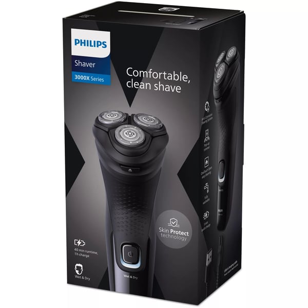 Philips Shaver 3000X Series X3001/00 Elektrisk rakapparat för våt- och torrakning, Roterande rakhuvud, Svart, PowerCut blade system, Replace every ...