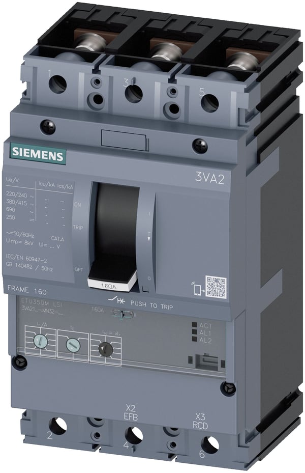 Siemens 3VA2163-5MN32-0AA0 Effektafbryder 1 stk Indstillingsområde (strøm): 25 - 63 A Koblingsspænding (max.): 690 V/AC (B x H x T) 105 x 181 x 86 mm