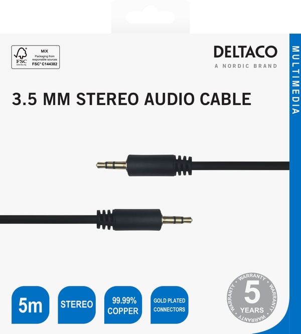 DELTACO - Äänikaapeli - 3,5 mm stereo uros - 3,5 mm stereo uros - 5 m - musta