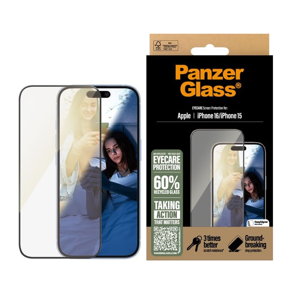 PanzerGlass Eyecare - Skjermbeskyttelse for mobiltelefon - ultrabred passform - glass - rammefarge svart - for Apple iPhone 16