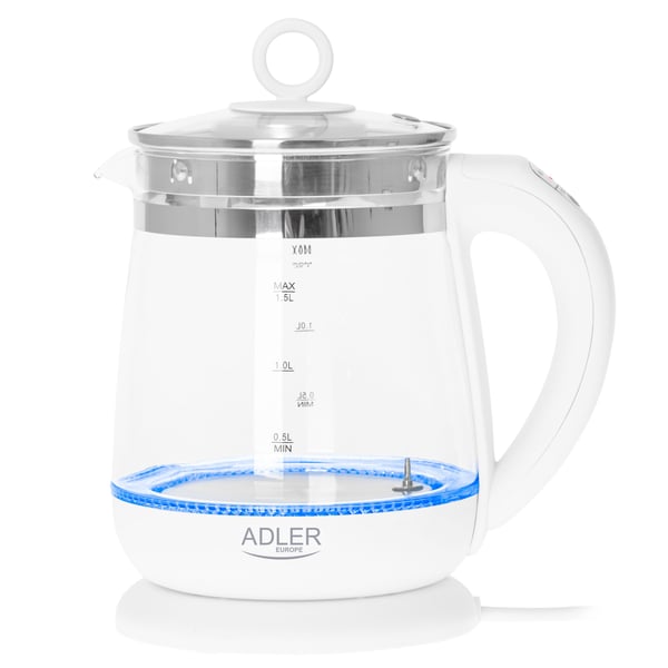 Adler AD 1299, 1,5 L, 1850 W, Hvit, Glass, Justerbar termostat, Vannmåler