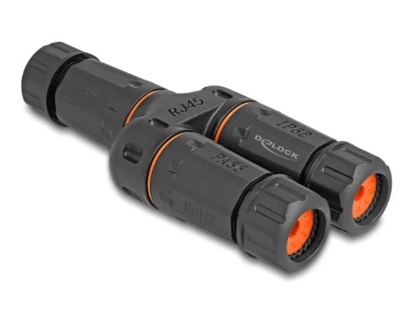 Delock kaapeliliitin Y-sovitin RJ45 naaras 2 x RJ45 naaras Cat.6 IP68 pöly- ja vedenpitävä ulkokäyttöön