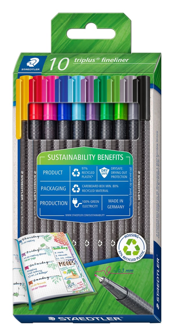 Staedtler 334 RC10, Blandade färger, Fin, Multifärg, Polypropylen (PP), Återvunnen plast, Triangel, Vattenbaserat bläck