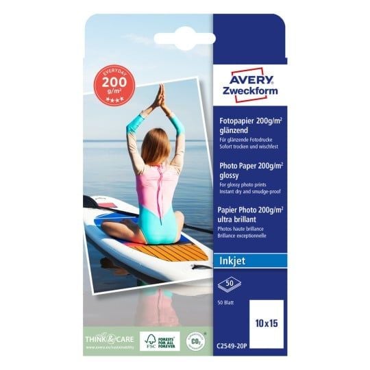Fotopapir Avery 10x15 cm, højglans, 200 g/m², Inkjet, Hvid - (50 ark)