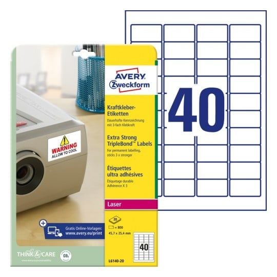 Avery etiketter med TripleBond™ 45,7 x 25,4 mm, S/H-laser, Farvelaser, A4, Inventarmærkning, ejendoms-id, sikkerhedsmærkning, forsegling, plomberin...