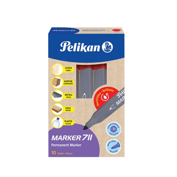 Pelikan 711, Röd, Grå, Röd, Kartong, Tyg, Metall, Plast, Trä, 10 styck, Låda
