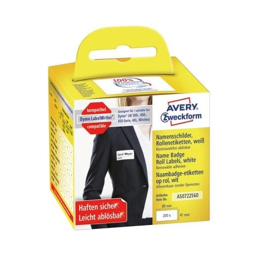 Avery AS0722560, Hvit, Avrundet rektangel, Avtagbar, Svart på hvitt, Rolle, Folie