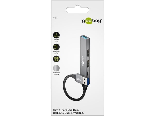 Goobay 74458, USB 3.2 Gen 1 (3.1 Gen 1) Type-A, USB 2.0 Type-A, USB 3.2 Gen 1 (3.1 Gen 1) Type-A, USB Type-C, 5000 Mbit/s, Ljusgrå, Gjuten aluminiu...