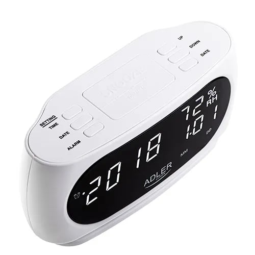 Adler AD 1186W, Digitaalinen herätyskello, Ovaali, musta, Valkoinen, Summeri, LED, Valkoinen