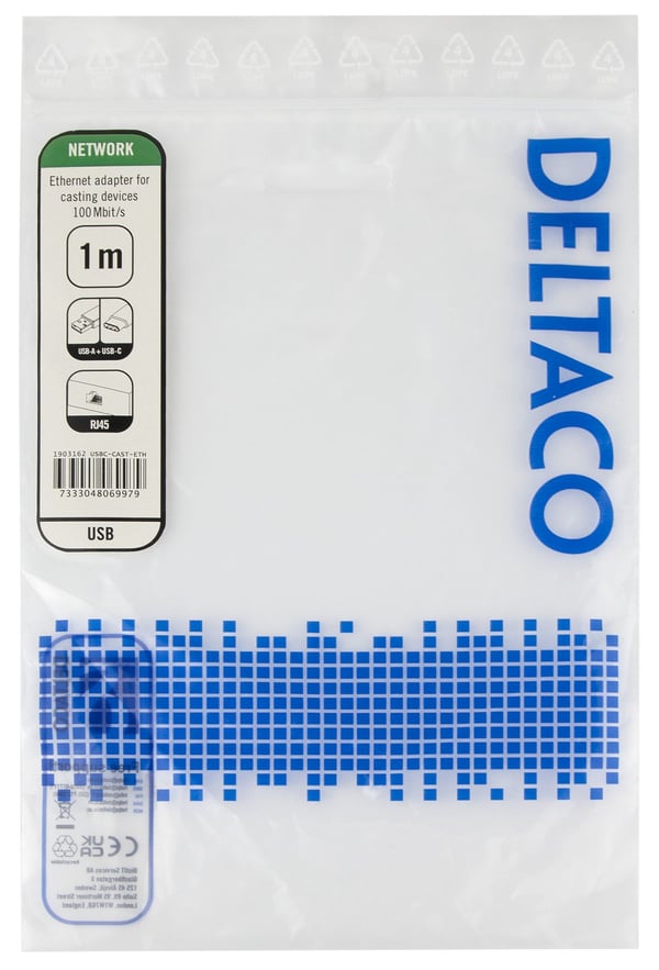 DELTACO USBC-CAST-ETH - Nettverksadapter - USB - 10/100 Ethernet - svart