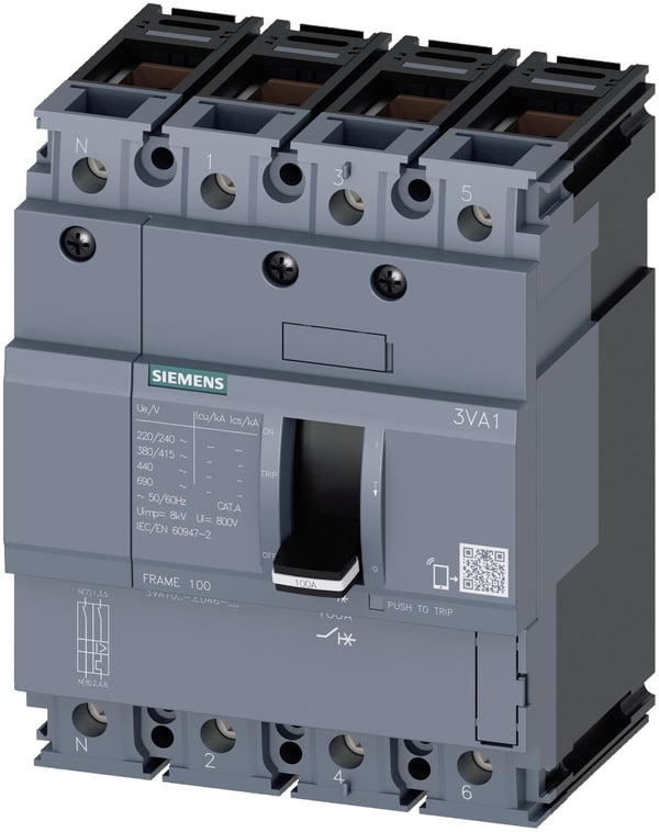 Siemens 3VA1080-2ED46-0AA0 strømbryter, 1 stk. Innstillingsområde (strøm): 80–80 A Koblingsspenning (maks.): 690 V/AC (B x H x D) 101,6 x 130 x 70 ...