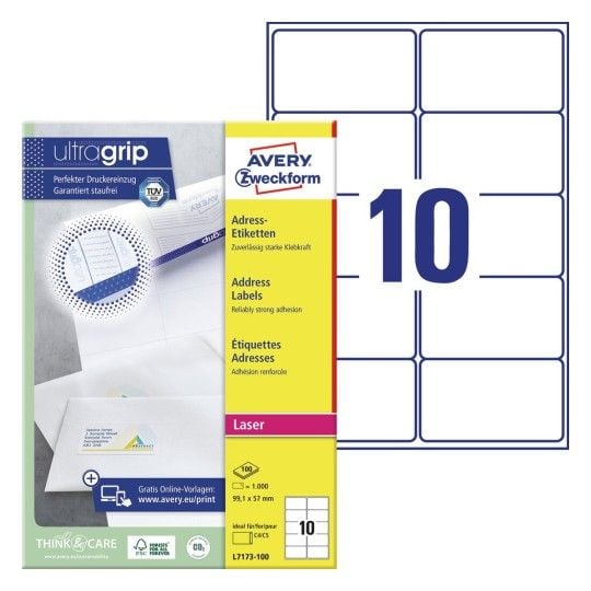 Laseretiket Avery L7173-100 99,1x57 mm hvid - (100 ark x 10 stk.)