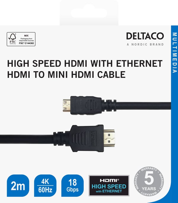 Deltaco HDMI - mini HDMI cable, 2m, black, 2 m, HDMI Type A (Standard), HDMI Type C (Mini), 3840 x 2160 piksler, 18 Gbit/s, Svart