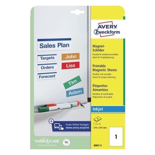 Avery J8867 - Hvit - A4 (210 x 297 mm) 5 stk magnetetiketter