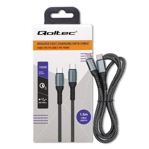 Qoltec - USB-kabel - USB-C (hane) till USB-C (hane) - USB 2.0 - 20 V - 5 A - 1.5 m - Stöd för Power Delivery 3.0, 100W Power Delivery passthrough -...
