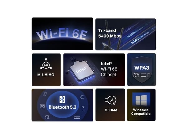 Mercusys MA86XE, Intern, Kabel & Trådlös, PCI Express, WLAN / Bluetooth, 5400 Mbit/s, Svart